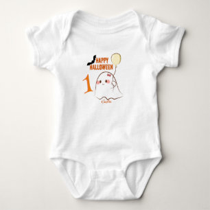 Cute 1st Halloween Ghost Holding Balloon  Name Baby Bodysuit