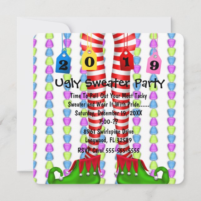 Cute 2019 Elf Stocking Chritmas Party Invite (Front)