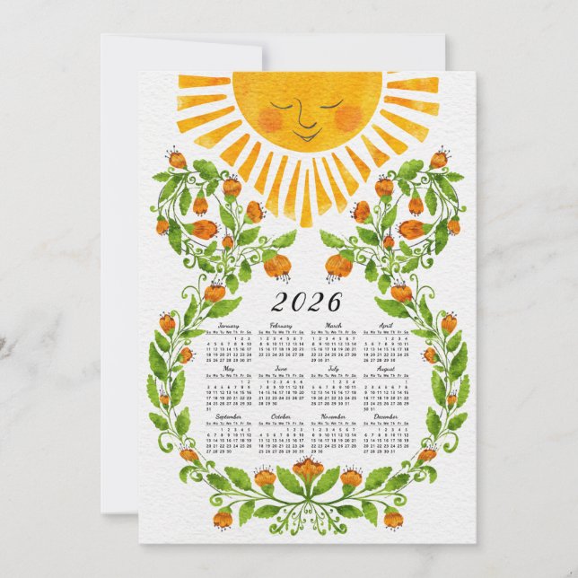 Cute 2026 Calendar Sun and Orange Flowers Holiday Card (Front)