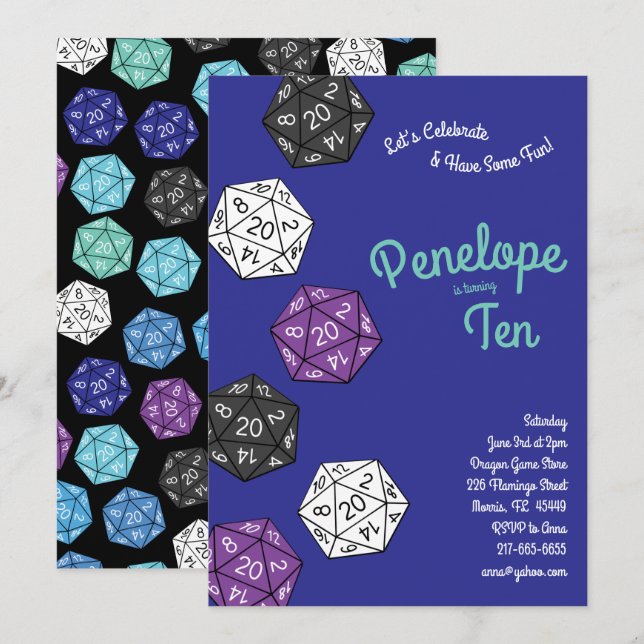 Cute 20 Sided Dice DND Games Kids Birthday Party Invitation (Front/Back)