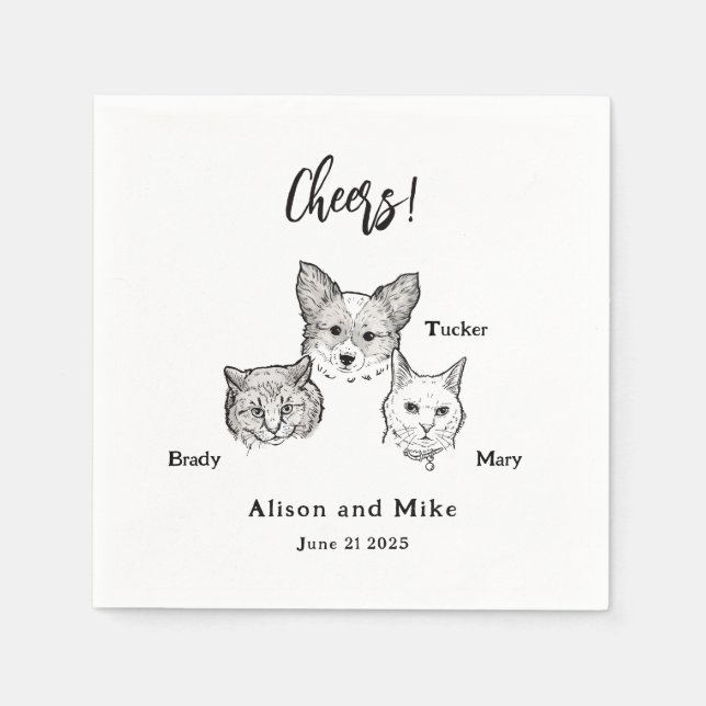 Cute 2 Cats Dog Pet Cheers Wedding  Napkin (Front)