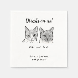 Cute 2 Cats Face Pet Cheers Drinks on Us Wedding Napkin
