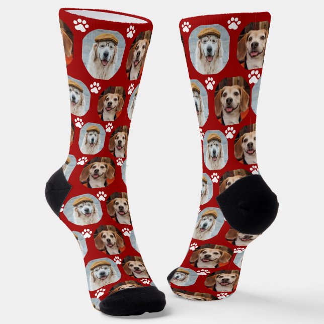  Cute 2 Pet 2 Photo Paw Print Deep Red Socks (Angled)