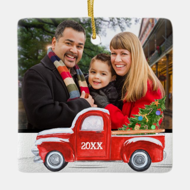 Cute 2-Sided Family Photo Red Truck Christmas Ceramic Ornament (Front)