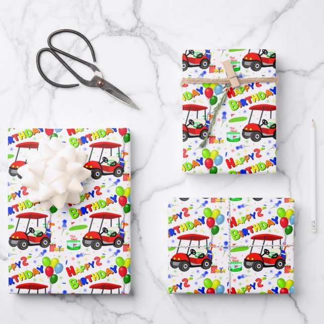 Cute 2nd Birthday Red Golf Cart Boy's  Wrapping Paper Sheet (Front)