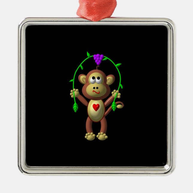 Cute 3-D Look Monkey with a Grapevine Jump-Rope Metal Ornament (Front)