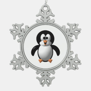 Cute 3-D Look Perky Penguin Snowflake Pewter Christmas Ornament