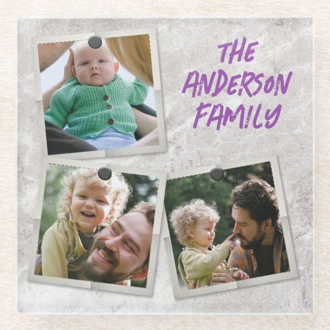 Cute 3 Family Photo Frame Collage with Texts Glass Coaster (Front)