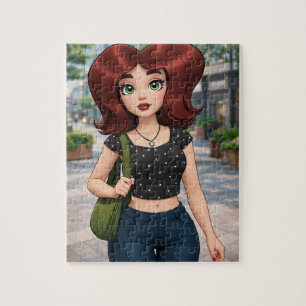 Cute 3D Cartoon Girl Strolling Down a City Street Jigsaw Puzzle