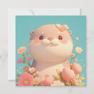Cute 3D Clay Otter in Pink Floral Garden Postcard