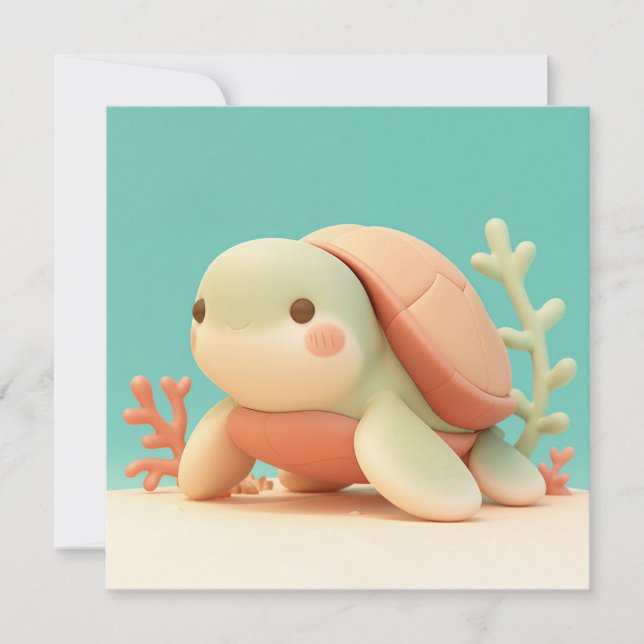 Cute 3D Clay Sea Turtle with Orange Coral Postcard (Front)