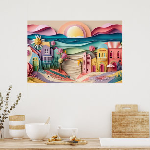 cute 3d effect beach house  poster