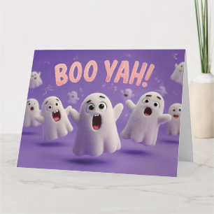Cute 3D Fuzzy Ghost Characters Yelling Boo Yah! Card