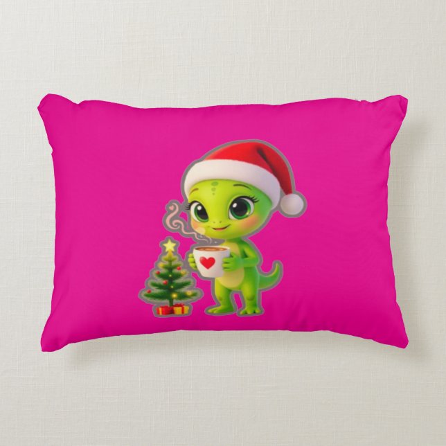 **Cute 3D Green Alien in Santa Hat with Hot Chocol Accent Pillow (Front)