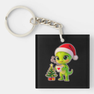 **Cute 3D Green Alien in Santa Hat with Hot Chocol Keychain
