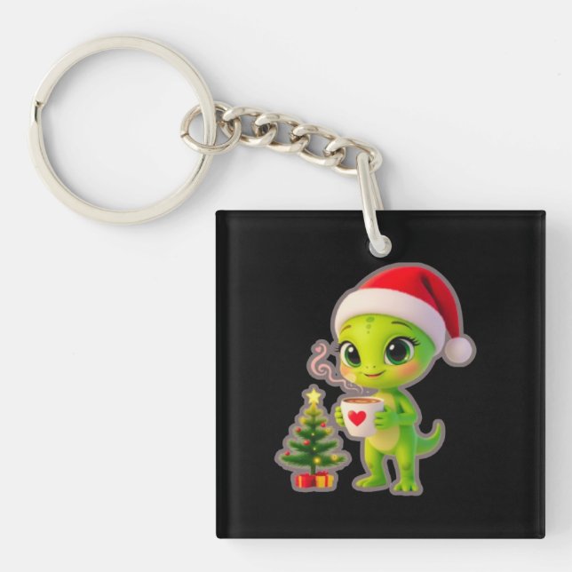 **Cute 3D Green Alien in Santa Hat with Hot Chocol Keychain (Front)