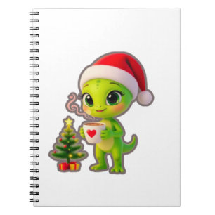 **Cute 3D Green Alien in Santa Hat with Hot Chocol Notebook