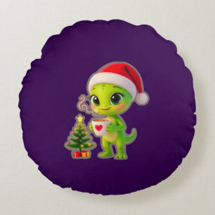 **Cute 3D Green Alien in Santa Hat with Hot Chocol Round Pillow