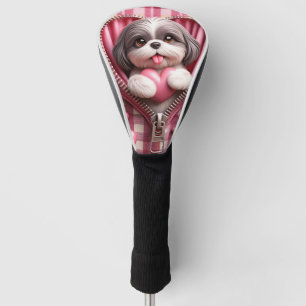 Cute 3D Shih Tzu in a Pink and White Background Golf Head Cover
