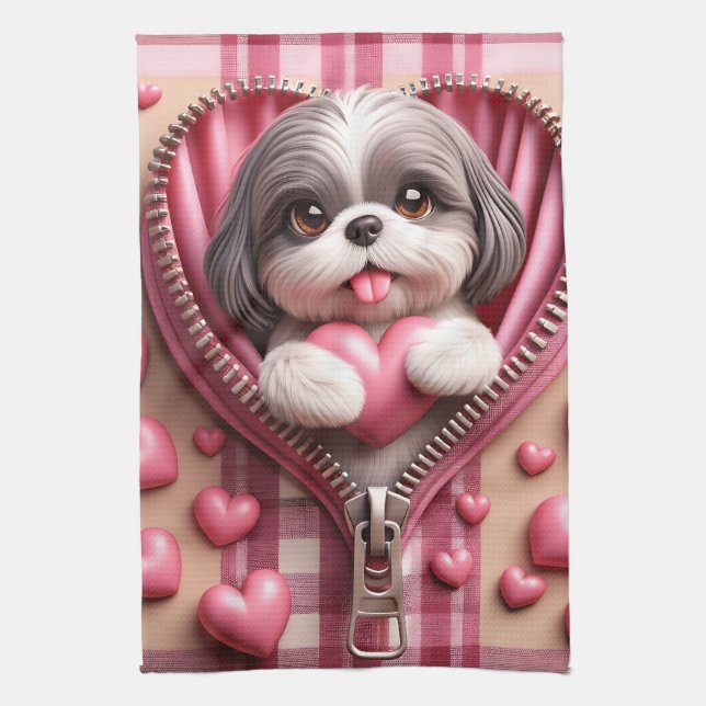 Cute 3D Shih Tzu in a Pink and White Background Kitchen Towel (Vertical)