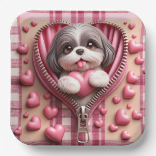 Cute 3D Shih Tzu in a Pink and White Background Paper Plate