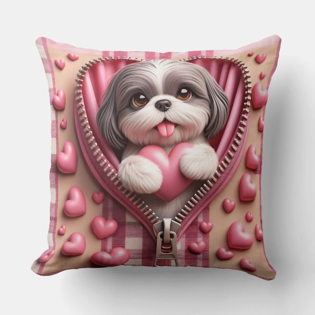 Cute 3D Shih Tzu in a Pink and White Background Throw Pillow (Front)
