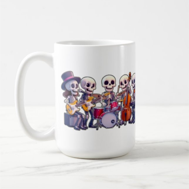 Cute 3D Skeleton Music Band – Adorable Cartoon Con Coffee Mug (Left)