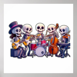 Cute 3D Skeleton Music Band – Adorable Cartoon Con Poster