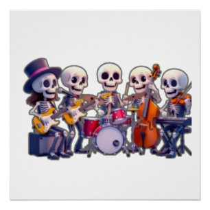 Cute 3D Skeleton Music Band – Adorable Cartoon Con Poster