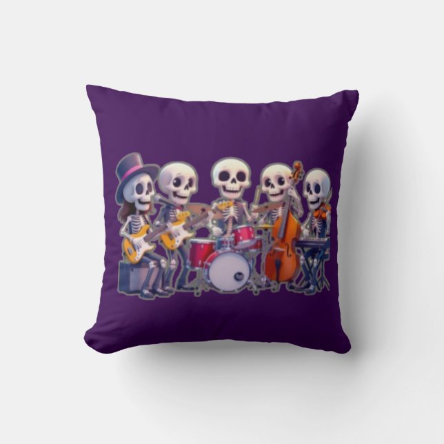 Cute 3D Skeleton Music Band – Adorable Cartoon Con Throw Pillow (Front)