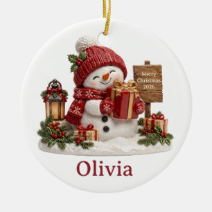 Cute 3D Snowman Glowing Lantern Custom Name Ceramic Ornament