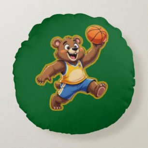 Cute 3D Teddy Bear Playing Basketball – Adorable S Round Pillow