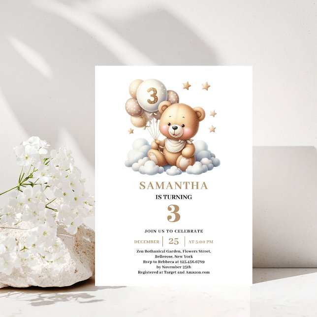 Cute 3rd Birthday Invite Teddy Bear Gold Balloons (Cute 3rd Birthday Invite Teddy Bear Gold Balloons)