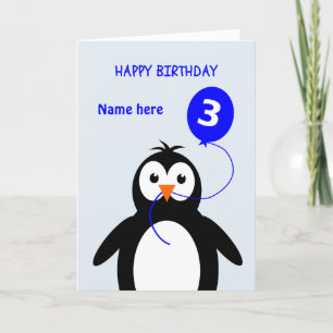 Cute 3rd birthday penguin add name blue card