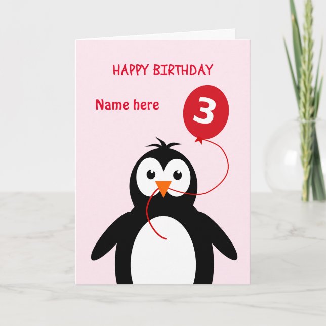 Cute 3rd birthday penguin add name pink card (Front)