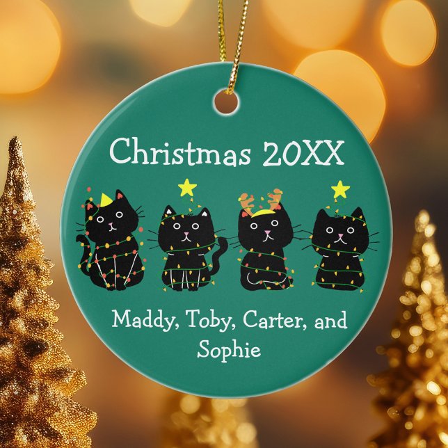 Cute 4 Cat Christmas Lights Custom Names Green Ceramic Ornament (Creator Uploaded)