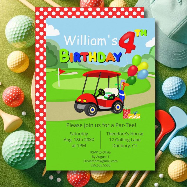 Cute 4th Birthday Red Golf Cart Boy's Invitation (Creator Uploaded)