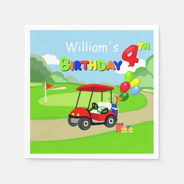  Cute 4th Birthday Red Golf Cart Boy's Napkin (Front)