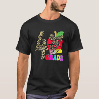 Cute 4th Grade Teacher Students Leopard Apple Back T-Shirt