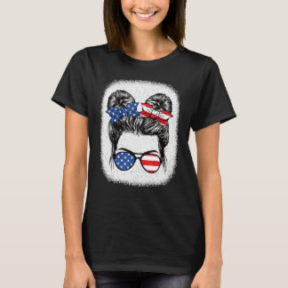 Cute 4th Of July Messy Bun Girl American Flag Patr T-Shirt