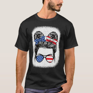 Cute 4th Of July Messy Bun Girl American Flag Patr T-Shirt