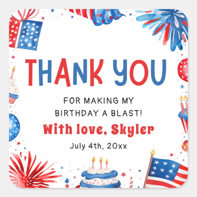 Cute 4th of July Red White Blue Birthday Thank you Square Sticker (Front)