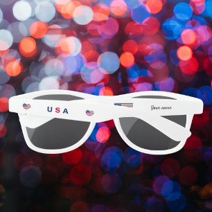 Cute 4th of July Red White Blue Heart Custom Name Sunglasses