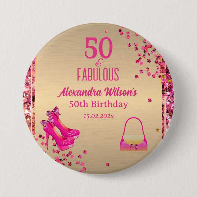 Cute 50& Fabulous High Heels Gold Hot Pink Glitter 3 Inch Round Button (Front)