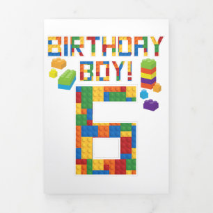 Cute 6th Birthday Gift 6 Years Old Block Building Tri-Fold Invitation