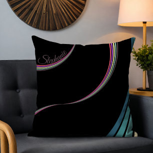 Cute 70s Retro Chic Stripes Personalized Black Throw Pillow