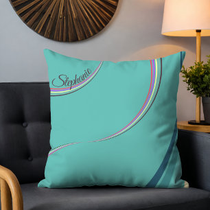 Cute 70s Retro Chic Stripes Personalized Cyan Throw Pillow