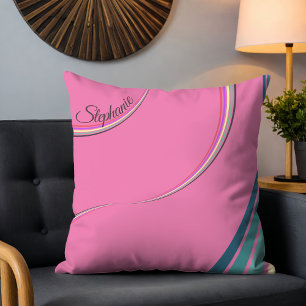 Cute 70s Retro Chic Stripes Personalized Pink Throw Pillow