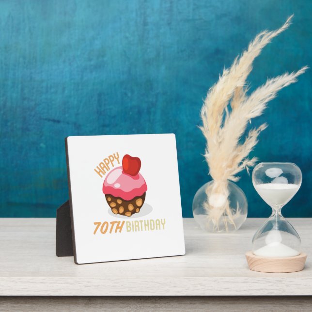 Cute 70th birthday design with chocolate cake plaque (Insitu)