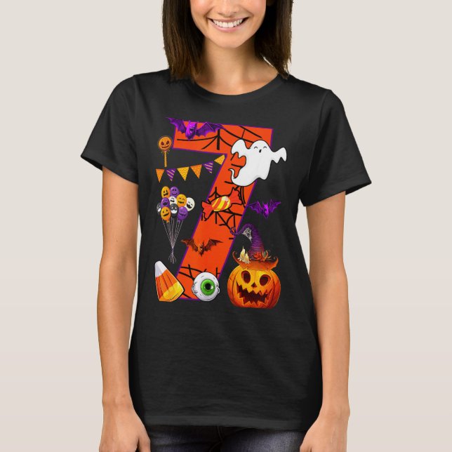 Cute 7 Years Old 7th Birthday Ghost Happy Hallowee T-Shirt (Front)